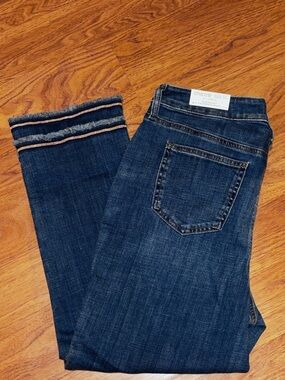 Chico's Dark Blue Decorative Fringed Ankle Girlfriend Jeans